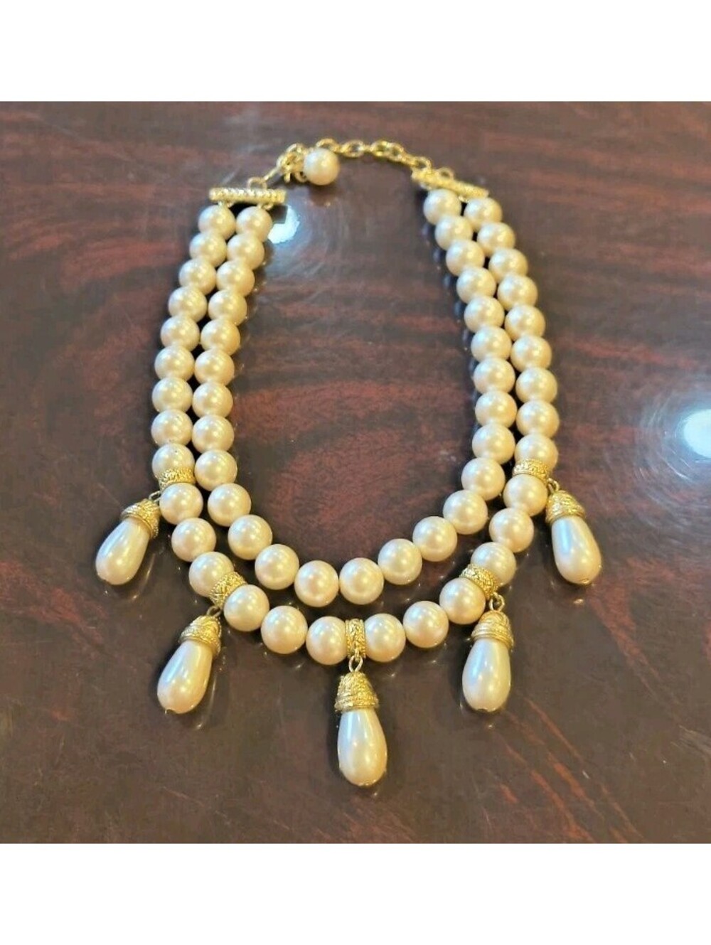 Vintage Trifari Double Faux Pearl Gold Tone Dangle Pearl Necklace Rare